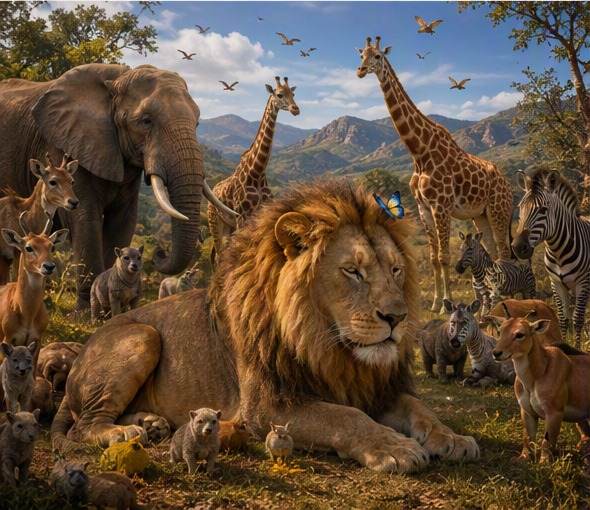 Amos the lion resting peacefully among a gathered menagerie of animals