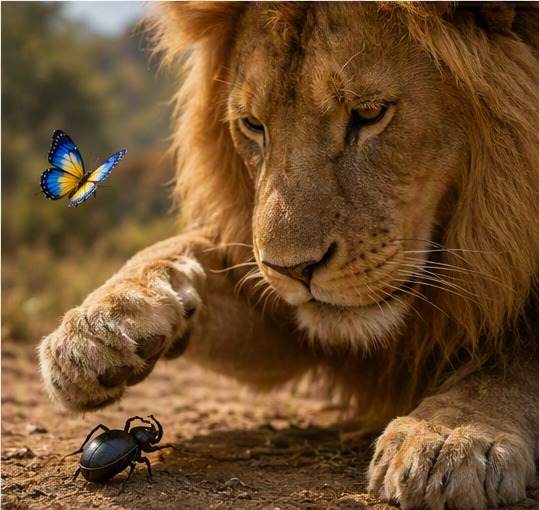 Amos the lion reaches a paw toward a butterfly and a beetle