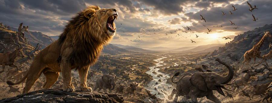 The Lion and the Butterfly Amos the lion roaring over the savanna