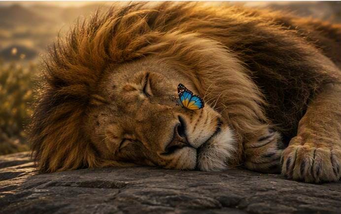 Amos the lion sleeping with a butterfly resting on his nose