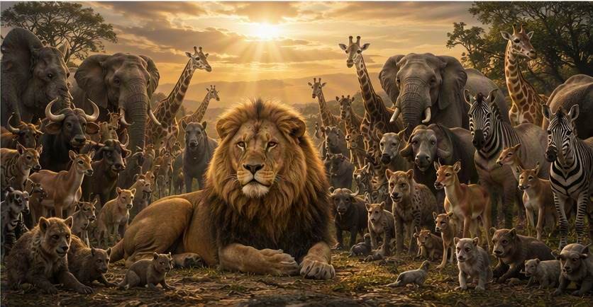 Amos the lion resting among gathered animals at golden sunset