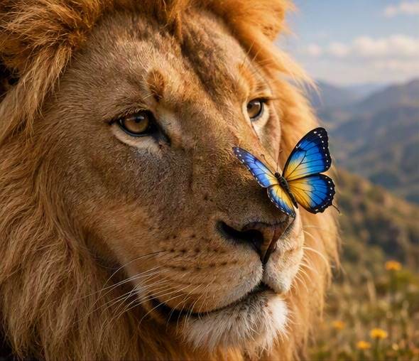 A butterfly lands on Amos the lion’s nose