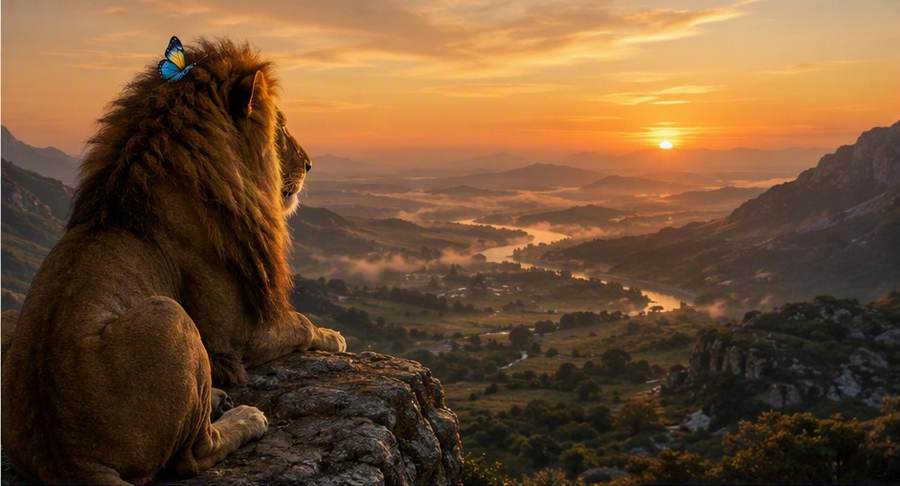 Amos the lion sits on a rock at sunset overlooking the valley, a butterfly on his head