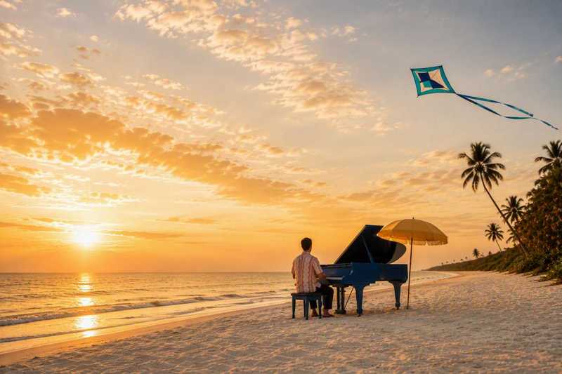 A man playing a blue grand piano on the beach at sunset, with a kite flying overhead and palm trees along the shore